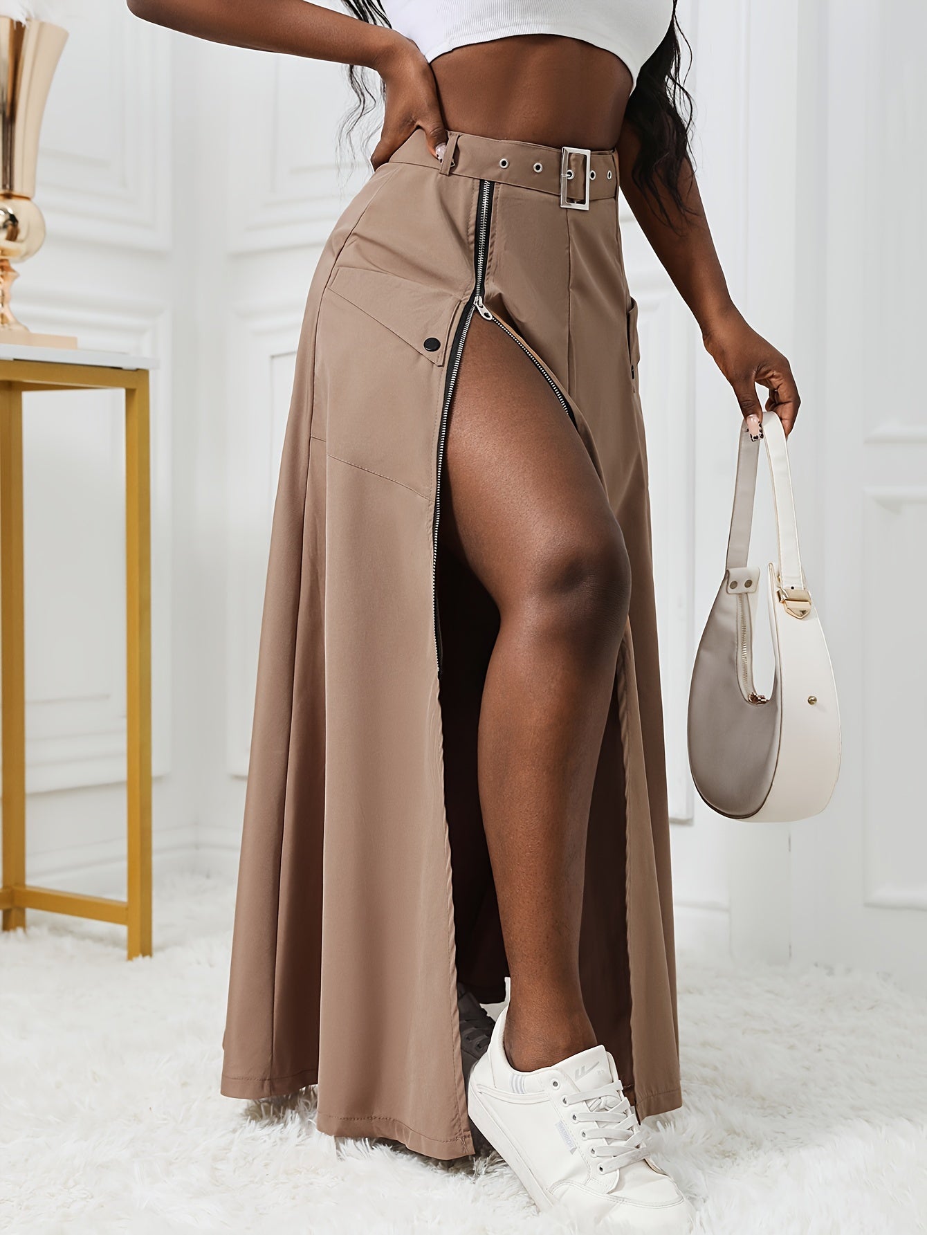 Chic Belted Split Skirt