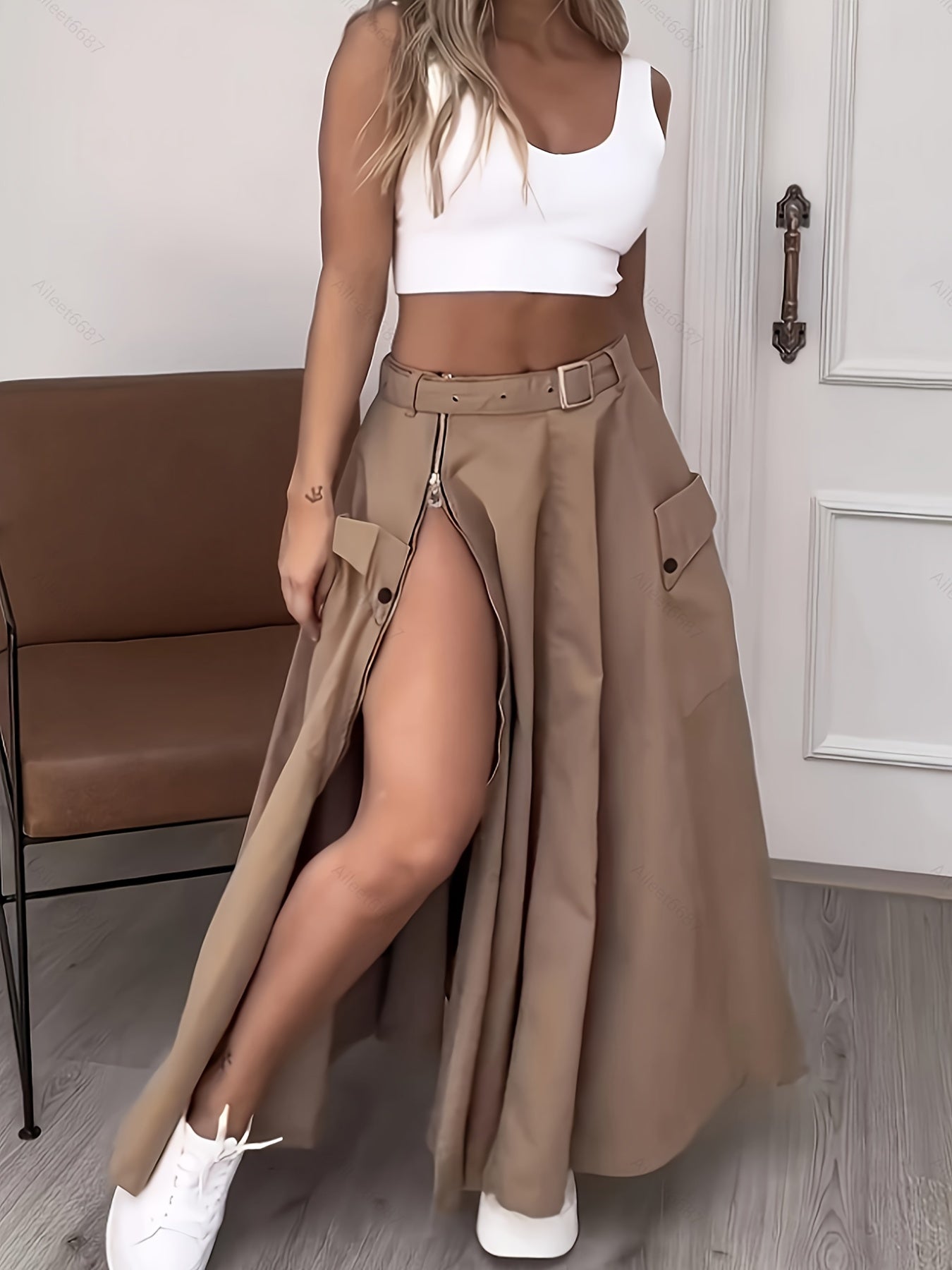 Chic Belted Split Skirt