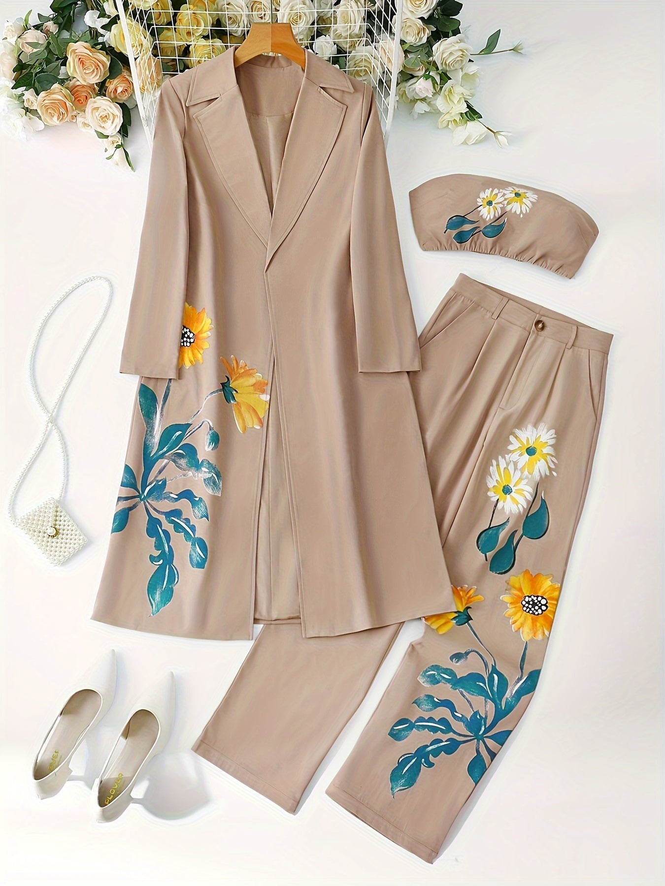 3-Piece Elegant Floral Print Blazer Suit Set