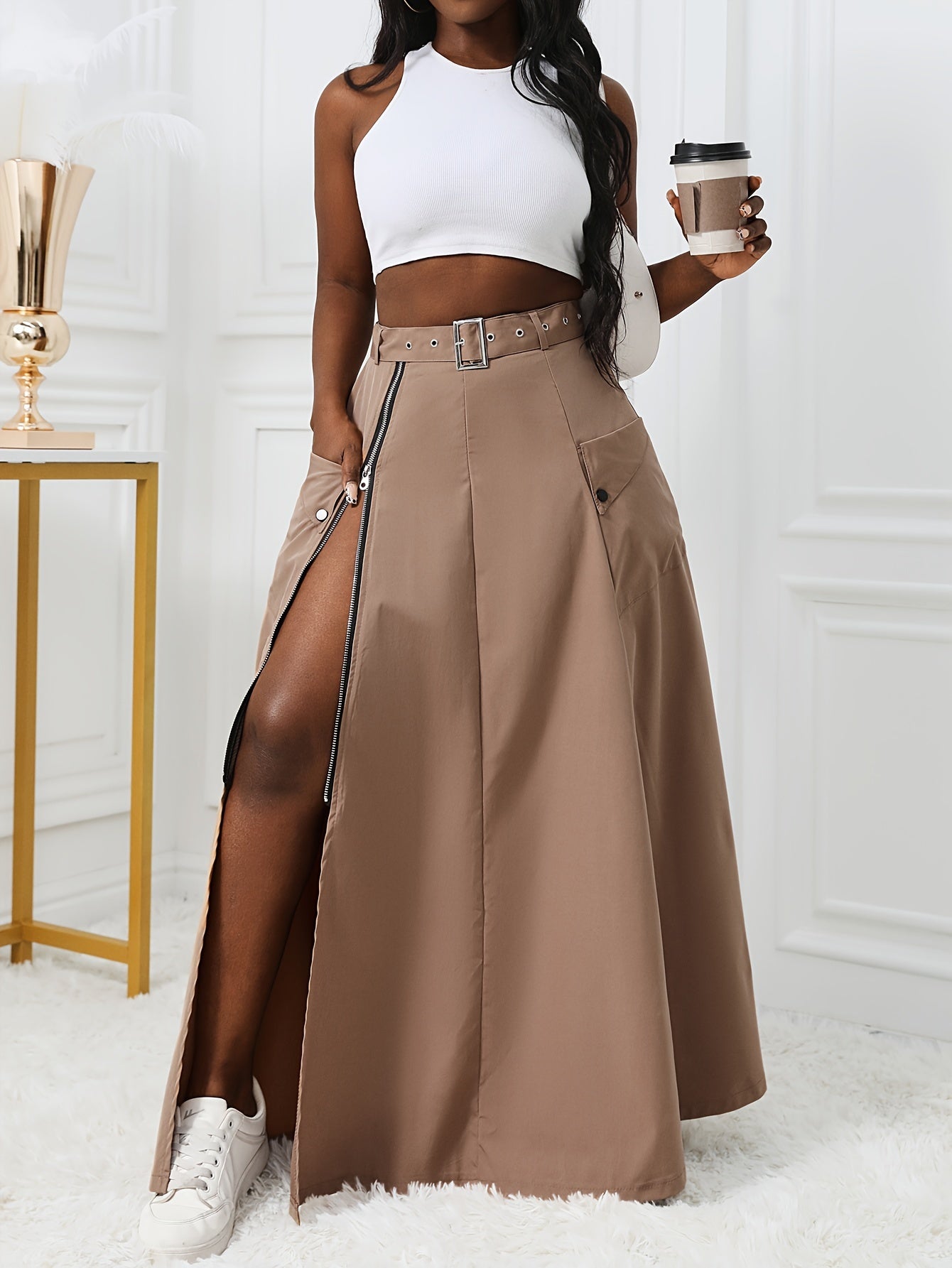 Chic Belted Split Skirt