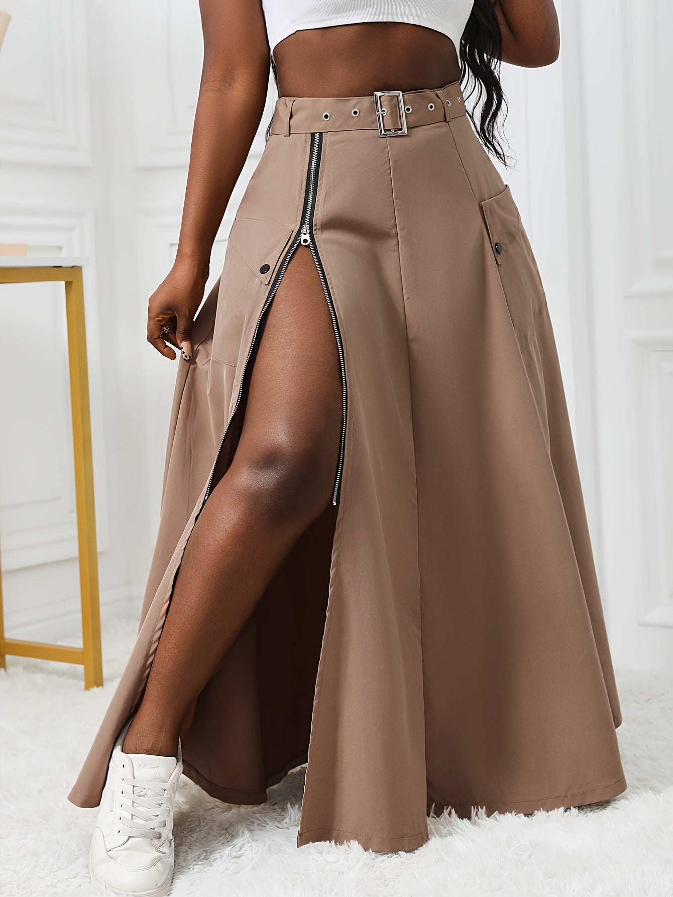 Chic Belted Split Skirt